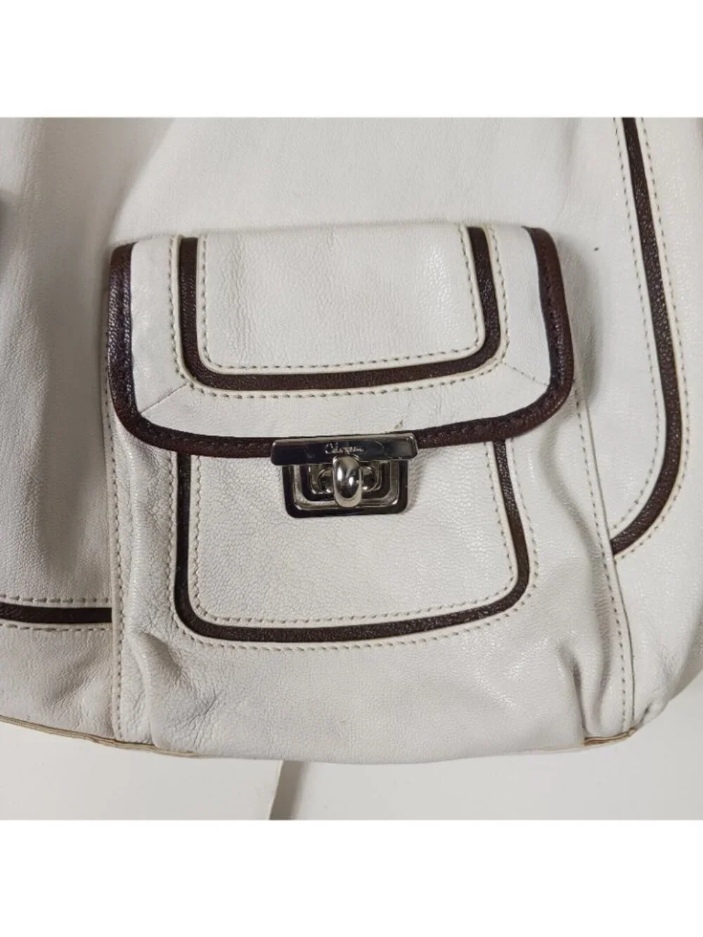 Cole Haan Leather Buckle Trim Multi Pocket Shoulder Bag Womens Ivory Brown